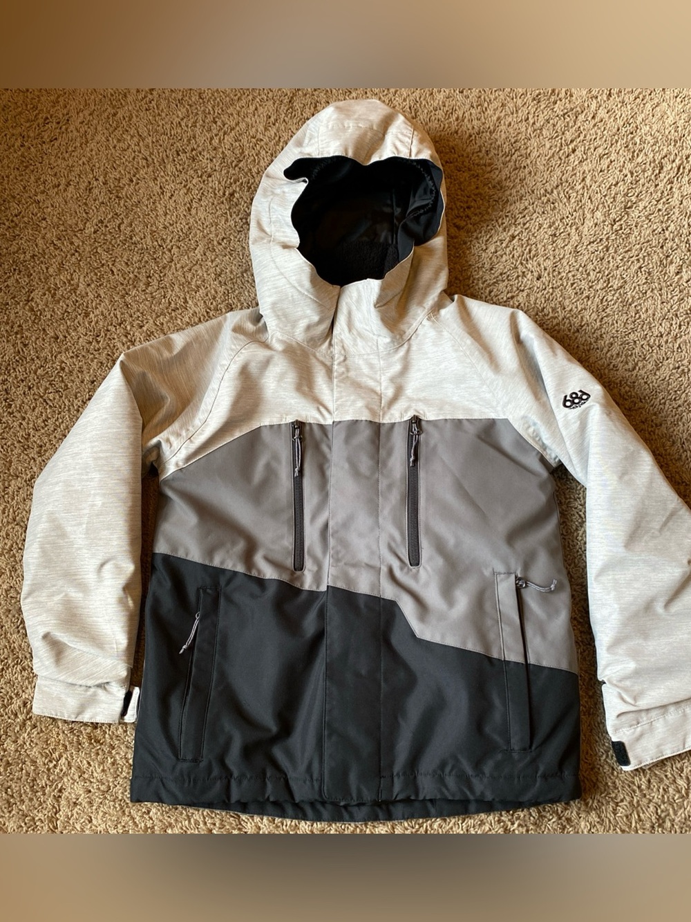 686 Youth Small Geo Insulated Snowboard Ski Jacket 10K infiDRY Gray Black Hooded